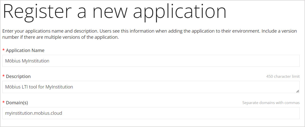 Register a new application In Developer Portal, the Register a new application page has Mobius myinstitution details. The Application Name, Description and Domain fields are filled in.